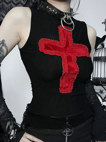 Sonicelife Women's Gothic Directional Design Top 2024 New Summer Dark Cross Camisole Tank Top