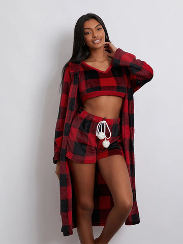 Sonicelife Fall Winter Plaids 3 Piece Pajamas Sets Women’s Warm Loungewear Sleeveless Straps Crop Tank Tops+Shorts+Long Sleeve Robe