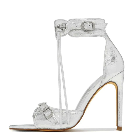 Sonicelife- Summer Fashion Zip Tassel Women Sandals Metal Rivet Buckle Pointed Open Toe Stripper Heels Wedding Banquet Shoes Stiletto