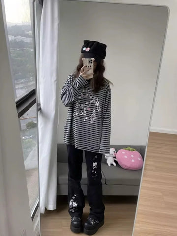 Sonicelife Y2k Harajuku Style Cat Skull Print Black Trousers Mujer 2024 Autumn New Pants for Women High Waist Loose Wide Leg