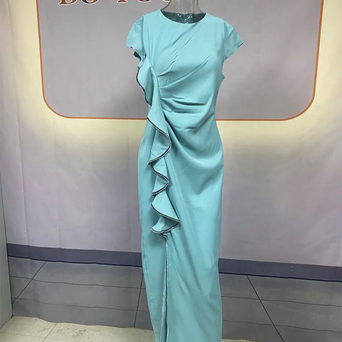 Sonicelife Women Dresses Party Dress O Neck Short Sleeve Spliced Solid Pullover Vestidos Sexy Wrap Buttocks Ankle Length High Street 2024