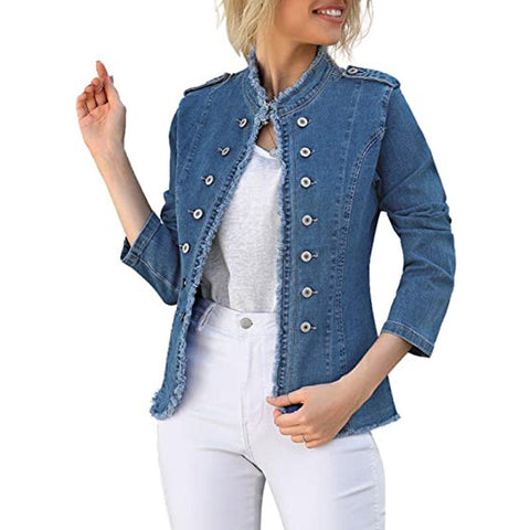 Sonicelife Casual Women's Denim Jacket 2024 Spring New Retro Blue Long-Sleeve Jacket Washed Cardigan Stand Neck Fashion Woman Denim Jacket