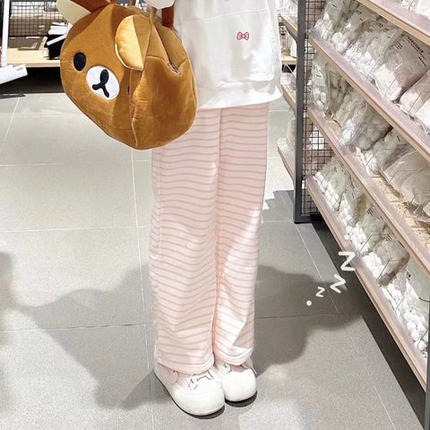 Sonicelife Japanese Y2K Striped Sweatpants Women Harajuku Kawaii Sweet Fleece Sports Pants Korean Fashion Cute Girly Basic Trousers