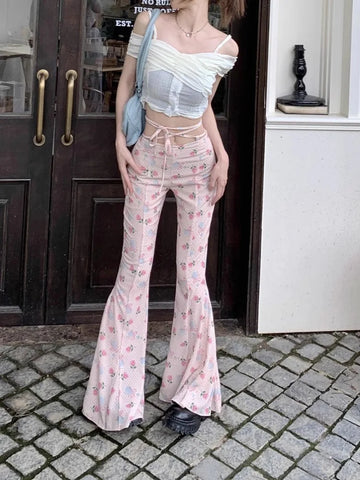 Sonicelife Sweet Floral Print Casual Pants for Women Sumemr Slim Fit Ruffles Flare  Y2k E-Girl High Waist Loose Wide Leg