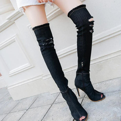 Sonicelife Autumn Women High Heels thigh high boots Female Shoes Hot Over The Knee Boots Peep Toe Cowboy Boots Denim shoes 2024