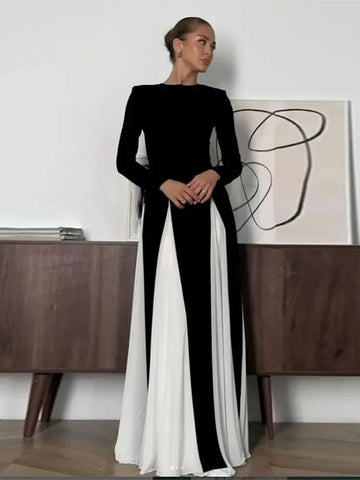 Back To School Sonicelife Elegant Black White Patchwork Maxi Dresses Women Fashion O-neck Long Sleeves Slim Dress New Female Evening Party Robes