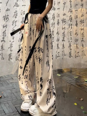 Sonicelife New Chinese Style Calligraphy Pants 2024 Summer  Ice Silk Straight Trousers Y2k E-Girl High Waist Loose Wide Leg