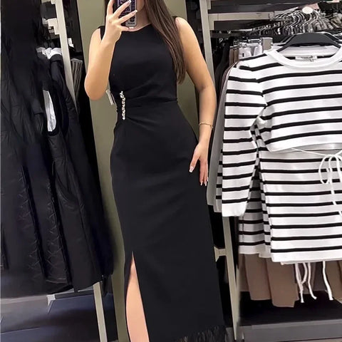Sonicelife Dress Women Sexy Tassel Long Dress Sleeveless Slim Fit Wrap Hip Round Neck Elegant Splice Sheath Vestidos Solid Summer