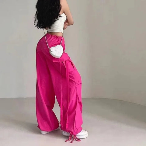 Sonicelife Y2k Pink Cargo Pants Women Streetwear Baggy Lace Up Sweatpants Low Rise Hip Hop Trousers Korean Style Pantalones Summer