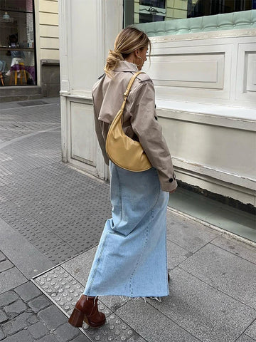 Sonicelife Spring Summer 2024 Women High Waist Vintage Solid Straight Maxi Denim Skirt With Slit