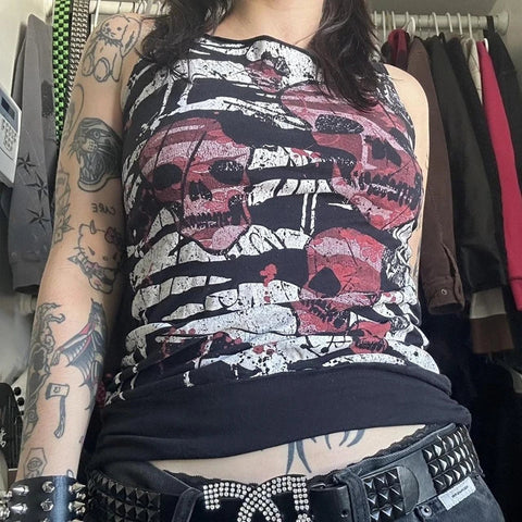 Sonicelife 2000s Retro Graphic Kawaii Crop Tops Y2K Grunge Skull Emo Tank Tops Women Sleeveless Vest E-girl Gothic Cyber Mall Streetwear