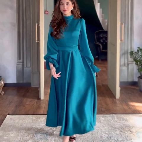 Sonicelife Dresses Solid Color Long Sleeved Stand Up Collar Dress Women 2024 New Summer Office Lady Elegant Vestidos High Waisted Loose