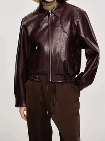 Sonicelife Vintage Solid Color Lapel Zipper Leather Jacket Casual Long Sleeved Elastic Short Women Coat Fall Commuting Street Outerwears