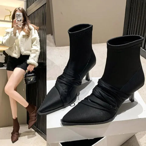 Sonicelife Retro Women Ankle Boots Fashion Pointed Toe Shoes Autumn High Heel Ladies Elegant Stretch Slim Short Booties Botas De Mujer