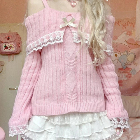 Sonicelife Kawaii Lace Trim Off Shoulder Pullovers Pretty Cute Outfits Harajuku Cosplay Sweater Y2K Aesthetic Vintage Long Sleeve Jumpers