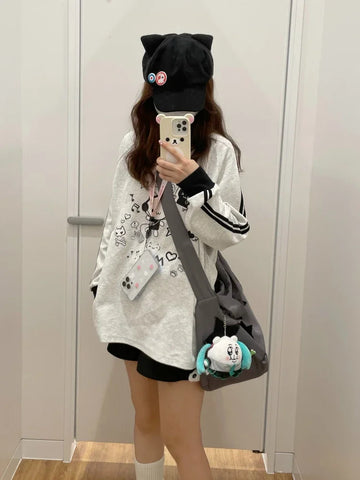 Black Friday Sonicelife Anime Cat Print Hoodies Women Kawaii Kitty Long Sleeve Sweatshirt Oversized Streetwear Stripe Grey Autumn Winter Clothes