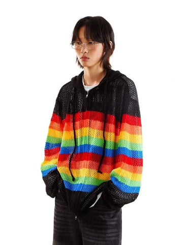 Black Friday Sonicelife Y2k Colorful Stripes Zip Up Hoodies Women Hollow Out Knitted Oversized Sweatshirts Streetwear Fashion Hip Hop Tops Coat