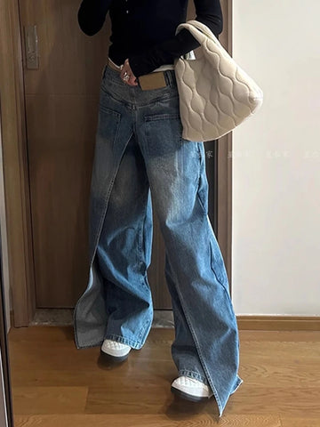 Sonicelife Oversize American Blue Jeans for Women 2024 Spring New Fake Two Piece Denim Pants Y2k E-Girl High Waist Loose Wide Leg