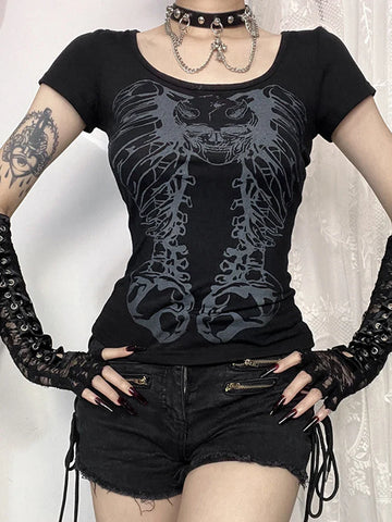 Sonicelife Women's Gothic Directional Design Tops New Punk Style Back Hollow Metal Receiving Short Sleeve T-Shirt