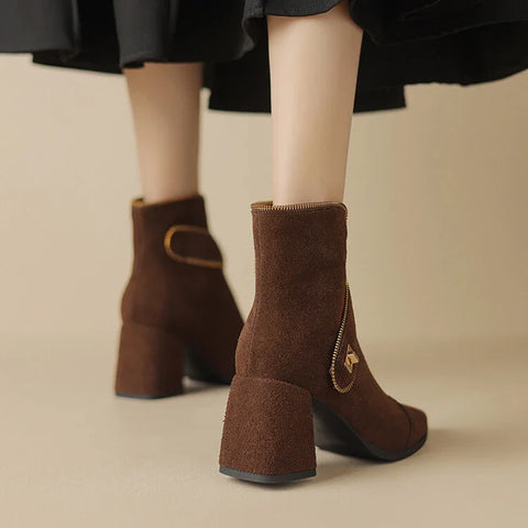 Sonicelife NEW Autumn Women Boots Cow Suede Leather Shoes for Women Pointed Toe Chunky Heel Shoes Zipper Short Boots Elegant Modern Boots