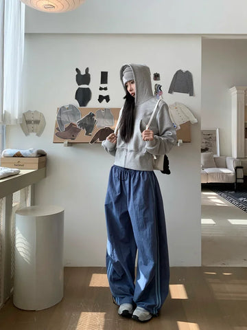 Black Friday Sonicelife Grey Cropped Hoodies Zip Up Long Sleeve Sweatshirt Cardigan Oversized Autumn Fashion Wide Leg Track Pants Two Piece Sets