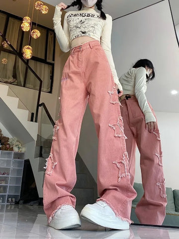 Sonicelife American Retro Star Embroidery Pink Jeans for Women Y2k E-Girl High Waist Denim Pants 2024 Summer New Loose Wide Leg