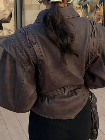 Sonicelife Vintage Lapel Collar Long Sleeved Lace Up Women's Leather Jacket Fashion Solid Color Pocket Outerwear Fall Lady High Street Tops