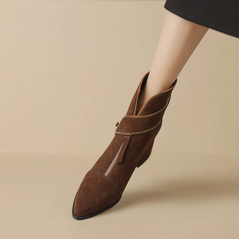 Sonicelife NEW Autumn Women Boots Cow Suede Leather Shoes for Women Pointed Toe Chunky Heel Shoes Zipper Short Boots Elegant Modern Boots