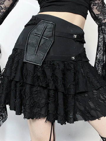 Sonicelife Women's Gothic Halter Monochrome Dark Style Music Festival Party Hole Fabric Characteristic Design Cake Skirt Short Dress