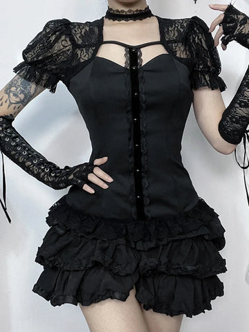 Sonicelife Women's Summer Gothic Top 2024 New Blood Together To Diablo Style Lace Splicing Design Bubble Sleeve Top
