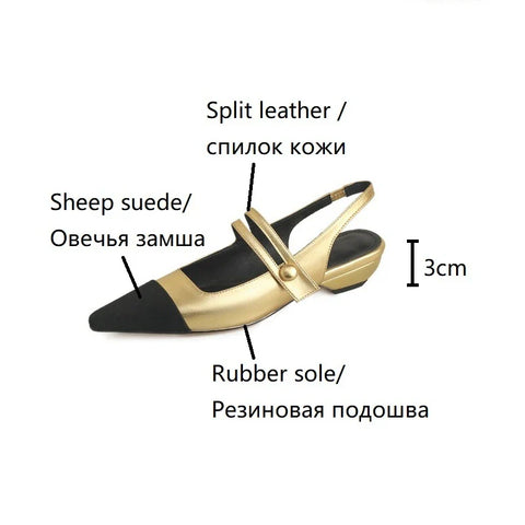 Sonicelife Summer Sandals Women Split Leather Shoes for Women Pointed Toe Slingback Women Shoes Low Heel Golden Shoes sandálias feminina
