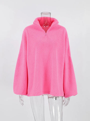 Sonicelife Aynaray 2024 Autumn Winter Solid Streetwear Women Pullover Sweatshirt Long Sleeve Oversized Casual Pink Teddy Hoodies Tops