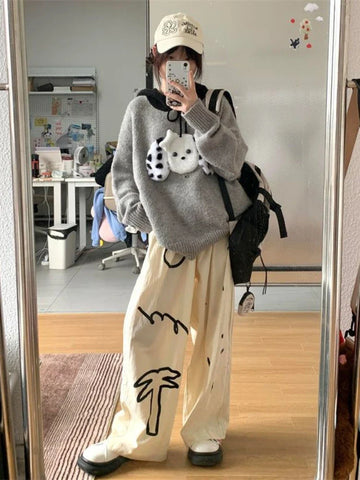 Black Friday Sonicelife Kawaii Dog Graphic Hooded Sweater Women Patchwork Grey Ribbed Knitwear Korean Fashion Autumn Oversized Winter Clothes