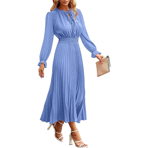 Sonicelife Womens Fall Dress Casual Long Sleeve V Neck Dot Pleated A Line Flowy Temperament Midi Dress For Women 2025 Fall Commuter