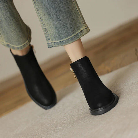 Sonicelife NEW Autumn Women Boots Round Toe Chunky Heel Boots Women Winter Genuine Leather Shoes for Women Chelsea Boots Black Ankle Boots