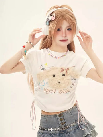 Back To School Sonicelife Kawaii Plush Dog T Shirts for Women Drawstring Lace Up Folded Summer Y2k Crop Tops Harajuku Cutecore Girls Slim Clothes