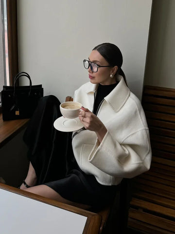 Sonicelife Elegant Pocket Zipper Short Woolen Coat For Women Fashion Lapel Long Sleeves White Coats Autumn Ladies New Commute Outerwear