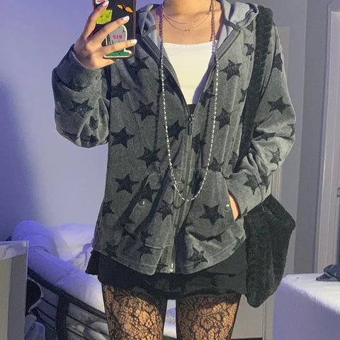 Back To School Sonicelife Gothic Grunge Harajuku Pentagram Print Sweatshirts Women Preppy Style E-girl Harajuku Hoodies Zip Up Coats Jackets Y2k