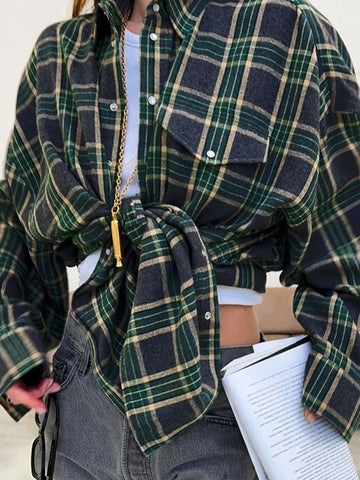 Sonicelife 2024 Vintage Oversized Thick Plaid Shirt Classic Long Sleeve Loose Fit Blouse For Women Autumn Winter