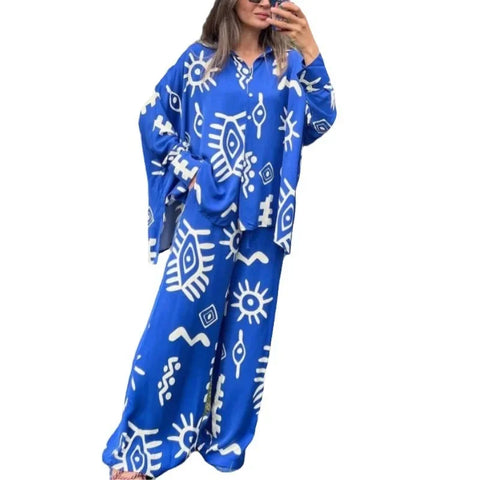 Sonicelife Two Piece Sets Women Print Blouse Shirt Single Breasted Wide Leg Pants Lace Up Full Length Loose Fit Suit Casual Ensemble