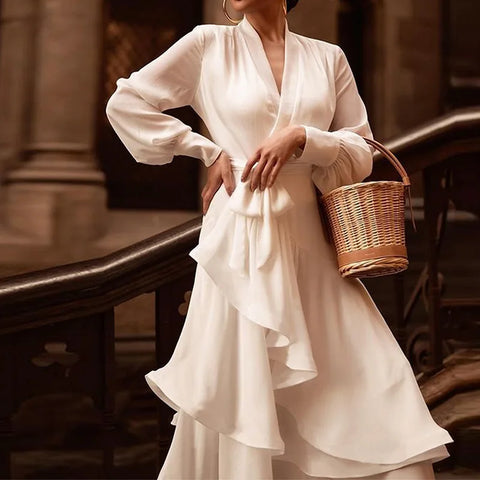 Sonicelife Ruffles Lantern Sleeve Dresses Women Ankle Length Spliced Vestidos Sexy V Neck Pullover Solid Basics Loose Fit 2024 Sashes