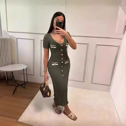 Sonicelife Summer Long Dress Women Sexy Dresses Buttons V Neck Solid Colour Ankle Length Vestidos Slim Fit Temperament A Line 2024 Casual