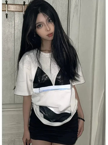 Back To School Sonicelife Bikini Graphic White T Shirts Women Perspective Print Short Sleeve Oversized Tees Sexy Streetwear Hip Hop Top Clothes