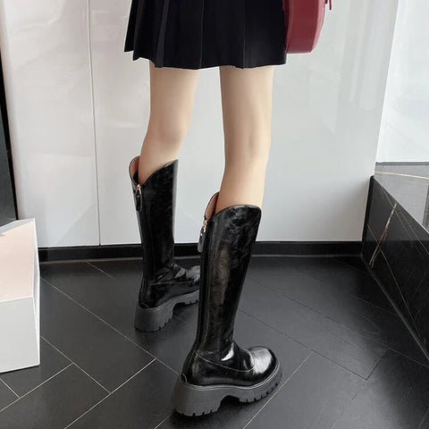 Sonicelife New Autumn Women's Boots Split Leather Shoes for Women Round Toe Chunky Heel Winter Women Boots Thick Heel Knee-High Boots Women