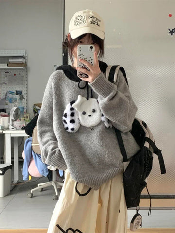 Black Friday Sonicelife Kawaii Dog Graphic Hooded Sweater Women Patchwork Grey Ribbed Knitwear Korean Fashion Autumn Oversized Winter Clothes