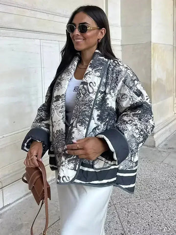 Sonicelife Fashion Without Placket Padded Collar Women Jackets Casual Long Sleeved Printed Cotton Coats Female Autumn Winter Warm Outerwear