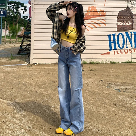 Sonicelife Denim Straight Hollow Out High Waist Streetwear Jeans Vintage Slight Blue Jeans Long Pants Y2k Work Summer Blue Jeans Capris