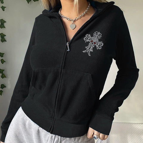 Sonicelife 90s Vintage Skull Rhinestone Long Sleeve Coat Women Slim Fit Zip-Up Sweatshirts Spring Fall Jacket Hoodies Y2K Retro Streetwear