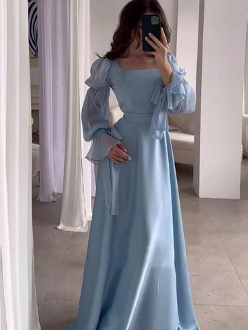 Sonicelife Eid women Party Dress woman Sweet Puff Sleeve Long Dress Square Collar Vestidos Largo Ramadan Abayas Dubai Arab Long Robe 2024