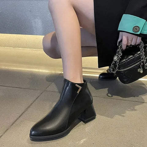 Sonicelife Women Ankle Boots Fashion PU Leather Boots High Heel  Ladies Shoes Side Zipper Short Boots for Women Shoes 2024